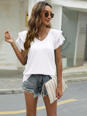 Summer new solid color V-neck double layer ruffled sleeve loose top t-shirt-kakaclo-White-S-Très Elite