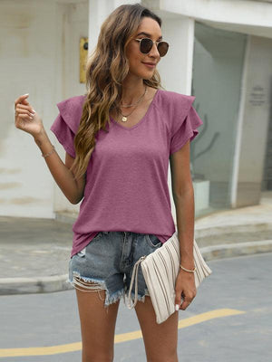 Summer new solid color V-neck double layer ruffled sleeve loose top t-shirt-kakaclo-White-S-Très Elite
