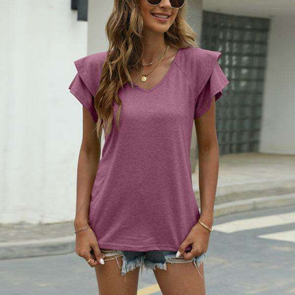 Lotus Blossom Elegant Ruffle Sleeve V-Neck Top by JakotoSummer