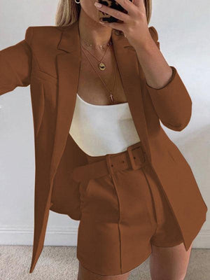 Women's Solid Color Blazer Top And Short Set-kakaclo-Brown-S-Très Elite