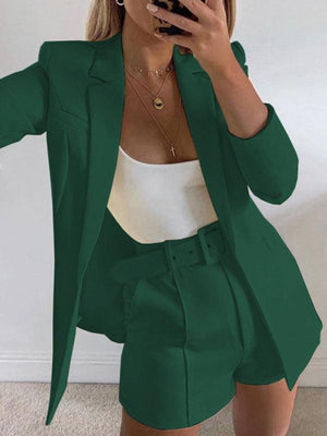 Women's Solid Color Blazer Top And Short Set-kakaclo-Green black jasper-S-Très Elite