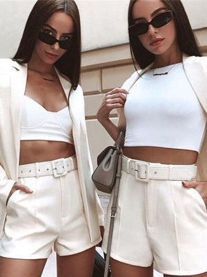 Women's Solid Color Blazer Top And Short Set-kakaclo-White-S-Très Elite
