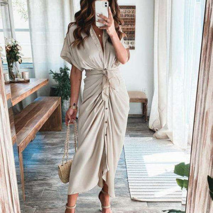 Chic Solid Color Pleated Short Sleeve Dress - Trendy Women's Fashion Essential