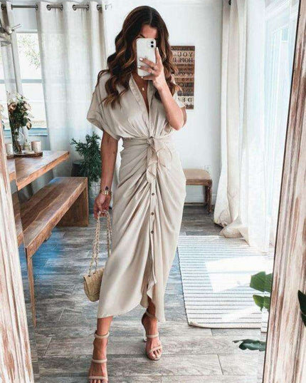 Chic Solid Color Pleated Short Sleeve Dress - Trendy Women's Fashion Essential