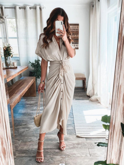Elegant Pleated Shirt Dress in Solid Color with Short Sleeves - Women's Fashion Piece