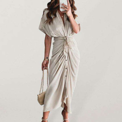 Chic Solid Color Pleated Short Sleeve Dress - Trendy Women's Fashion Essential