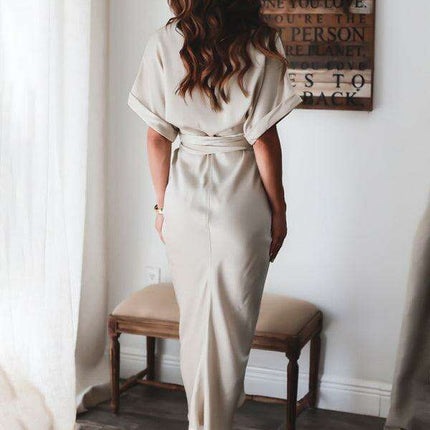 Chic Solid Color Pleated Short Sleeve Dress - Trendy Women's Fashion Essential