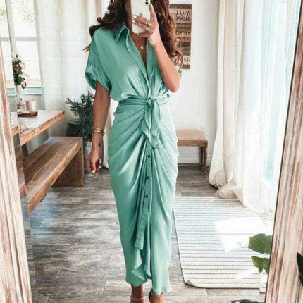 Chic Solid Color Pleated Short Sleeve Dress - Trendy Women's Fashion Essential