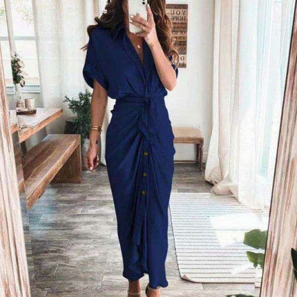 Chic Solid Color Pleated Short Sleeve Dress - Trendy Women's Fashion Essential