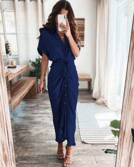 Chic Solid Color Pleated Short Sleeve Dress - Trendy Women's Fashion Essential