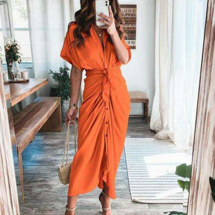 Chic Solid Color Pleated Short Sleeve Dress - Trendy Women's Fashion Essential