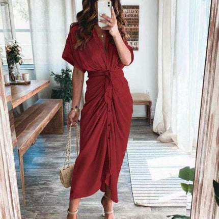 Chic Solid Color Pleated Short Sleeve Dress - Trendy Women's Fashion Essential