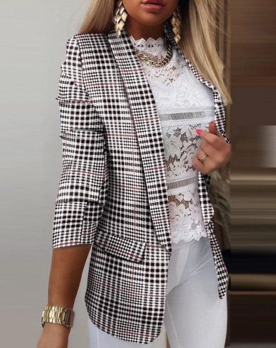Classic Plaid Print Open Front Jacket for Women by Jakoto