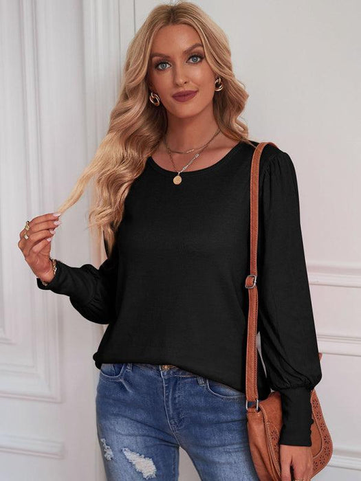 European Style Button-Up Puff Sleeve Long Sleeve Top