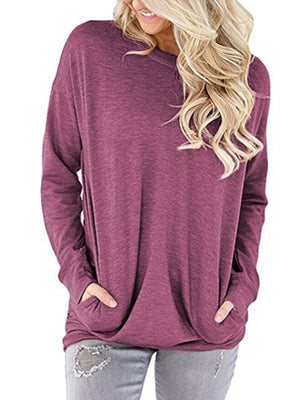 Women's Round Neck Batman Long Sleeve Pocket Solid Color Loose T-Shirt-kakaclo-Purple-S-Très Elite