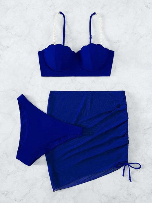 Shell Chic Women's 3-Piece Bikini Set - Elegant Solid Color Swimsuit