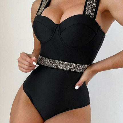 Glamorous Rhinestone-Studded Push-Up One-Piece Swimsuit