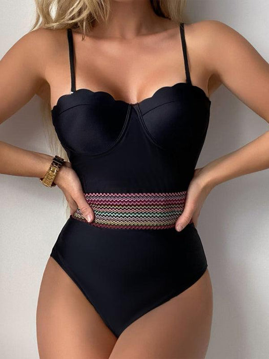 Sleek Black Shell Design One-Piece Swimsuit - Women's Stylish Swimwear
