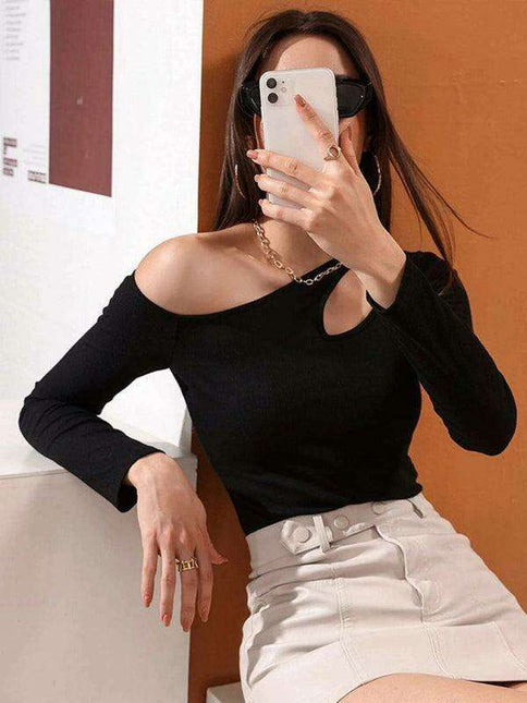 Chic Off-Shoulder Knit Top with Stylish Hollow Out Detail
