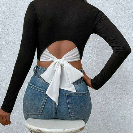 Stylish Color-Blocked Open Waist Knit Top - Essential for Women's Wardrobe