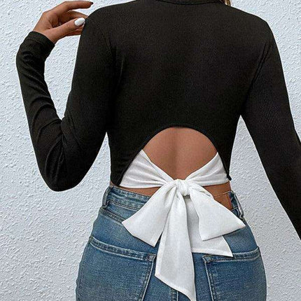 Stylish Color-Blocked Open Waist Knit Top - Essential for Women's Wardrobe