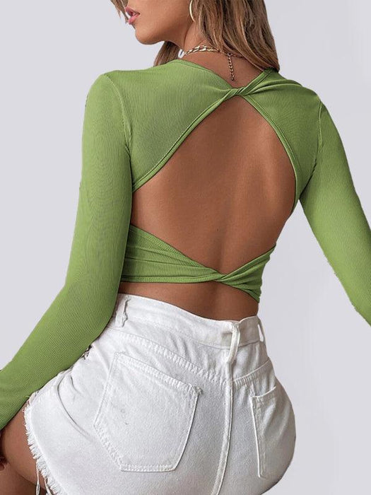 Women's Knitted Sexy Backless Cropped Long Sleeve T-Shirt-kakaclo-Green-S-Très Elite