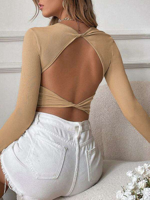 Alluring Backless Knit Long Sleeve Top for Women
