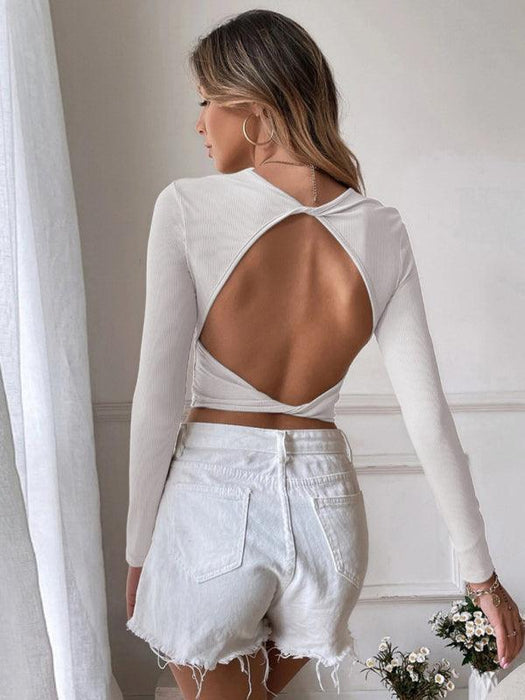 Backless Knit Crop Top with Long Sexy Sleeves for Women