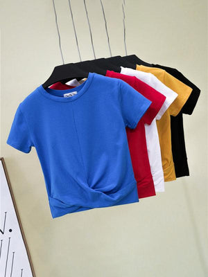 Cotton Short Sleeve Cropped Top Cross Knotted Skinny Cropped T-Shirt-kakaclo-Blue-S-Très Elite