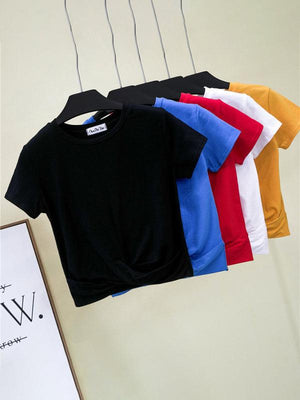 Cotton Short Sleeve Cropped Top Cross Knotted Skinny Cropped T-Shirt-kakaclo-Black-S-Très Elite