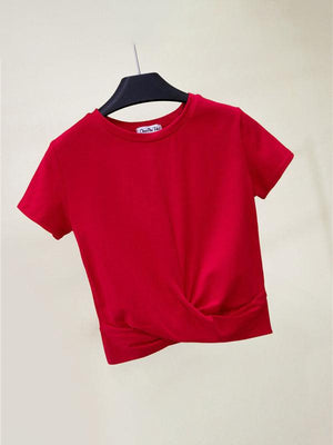 Cotton Short Sleeve Cropped Top Cross Knotted Skinny Cropped T-Shirt-kakaclo-Red-S-Très Elite