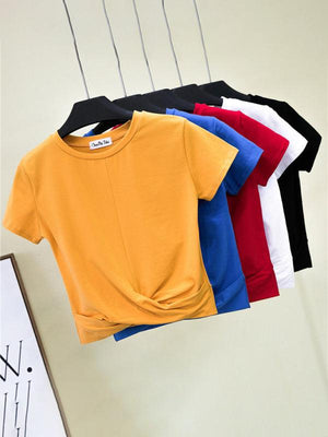 Cotton Short Sleeve Cropped Top Cross Knotted Skinny Cropped T-Shirt-kakaclo-Yellow-S-Très Elite