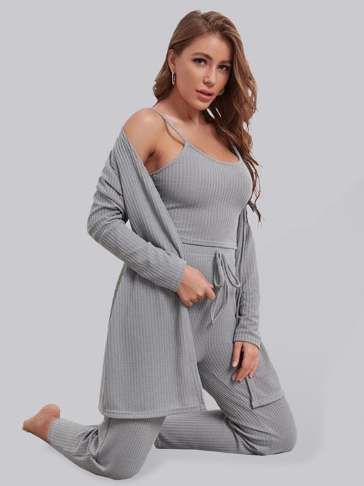 Cozy Women's Waffle Knit Lounge Set with Long Sleeve Top, Pants, and Robe