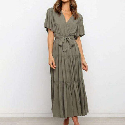 Bohemian Chic V-Neck Midi Dress with Flared Sleeves - Essential for Women's Fashion