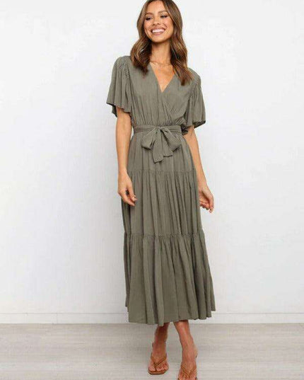 Bohemian Chic V-Neck Midi Dress with Flared Sleeves - Essential for Women's Fashion