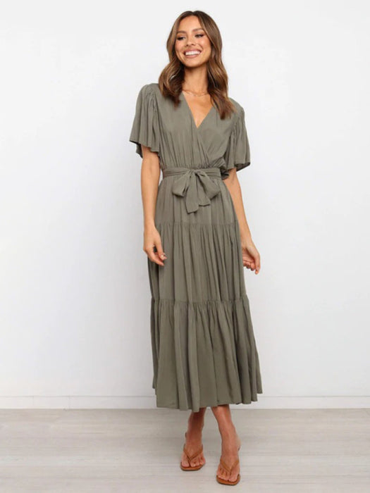 Bohemian Vibe Short Sleeve Midi Dress with Flared Sleeves - Women's Fashion Choice