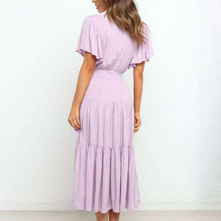 Bohemian Chic V-Neck Midi Dress with Flared Sleeves - Essential for Women's Fashion