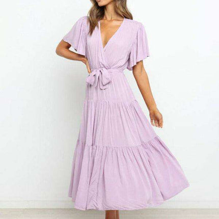 Bohemian Chic V-Neck Midi Dress with Flared Sleeves - Essential for Women's Fashion