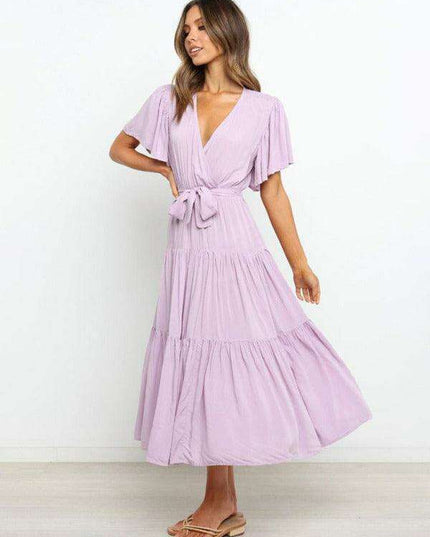 Bohemian Chic V-Neck Midi Dress with Flared Sleeves - Essential for Women's Fashion