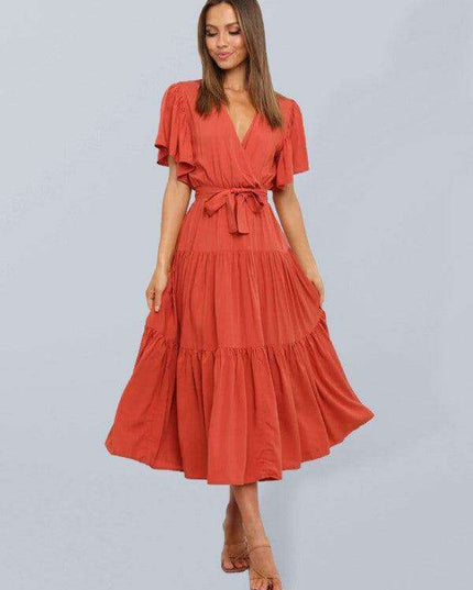 Bohemian Chic V-Neck Midi Dress with Flared Sleeves - Essential for Women's Fashion