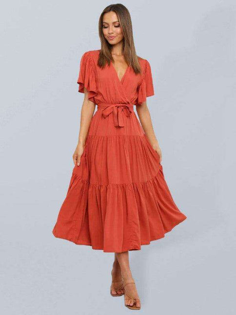 Bohemian Chic V-Neck Midi Dress with Flared Sleeves - Essential for Women's Fashion