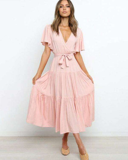 Bohemian Chic V-Neck Midi Dress with Flared Sleeves - Essential for Women's Fashion