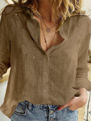Women's Solid Color Casual Loose Long Sleeve Linen Shirt-kakaclo-Brown-XL-Très Elite