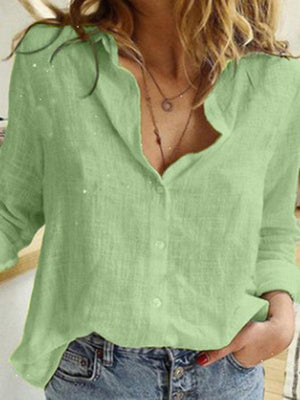 Women's Solid Color Casual Loose Long Sleeve Linen Shirt-kakaclo-Green-S-Très Elite