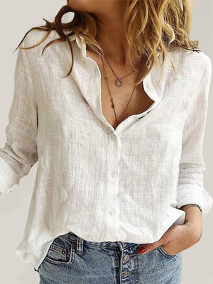 Women's Solid Color Casual Loose Long Sleeve Linen Shirt-kakaclo-White-S-Très Elite