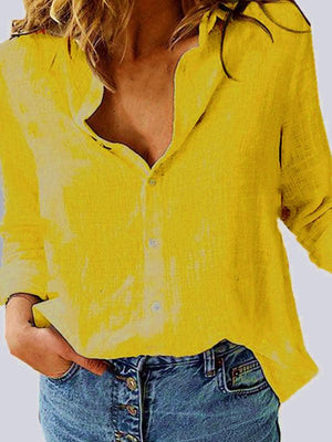 Women's Solid Color Casual Loose Long Sleeve Linen Shirt-kakaclo-Yellow-S-Très Elite
