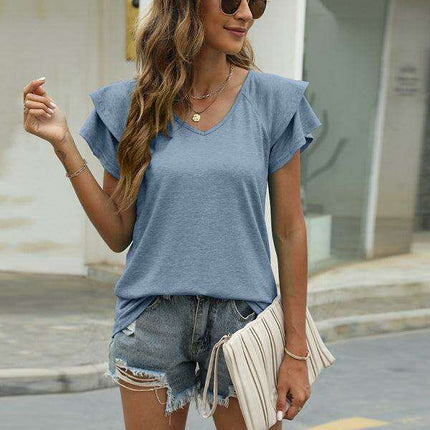 Vibrant V-Neck Top with Elegant Ruffled Sleeves