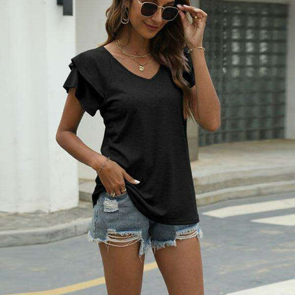 Vibrant V-Neck Top with Elegant Ruffled Sleeves