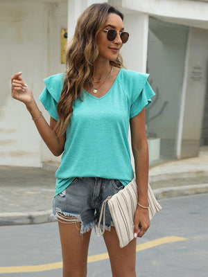 New solid color V-neck double layer ruffled sleeve loose top t-shirt-kakaclo-Spring green-S-Très Elite