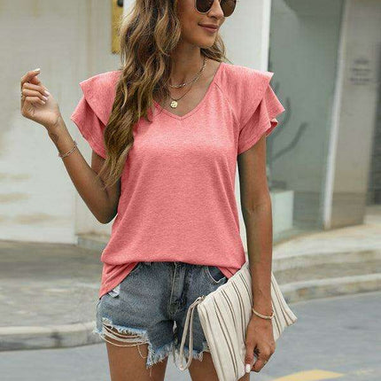 Vibrant V-Neck Top with Elegant Ruffled Sleeves